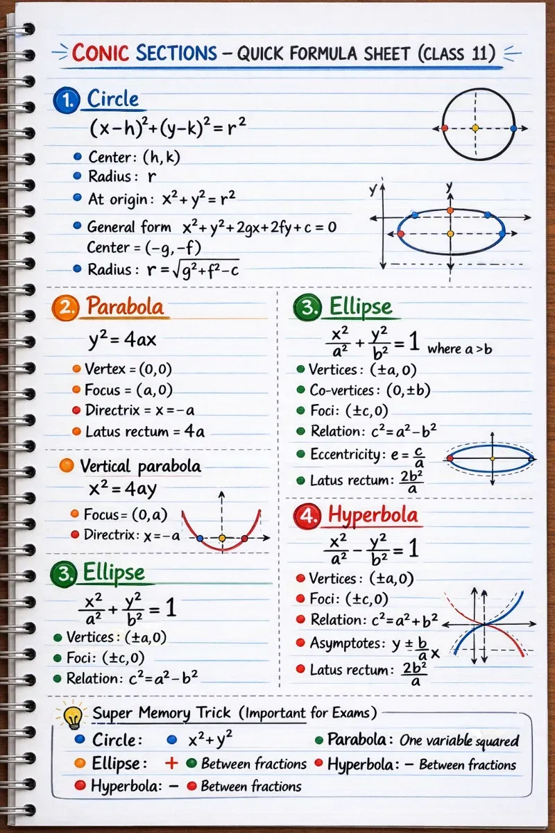 Formulas of chapter conic sections 